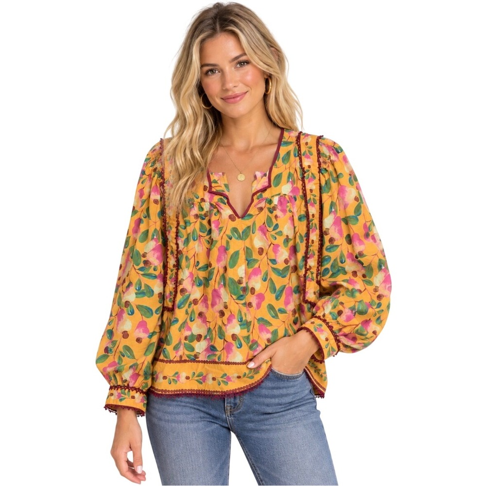Farm Rio Yellow Cashew Fruit Cotton Blouse Top Large SN 282357